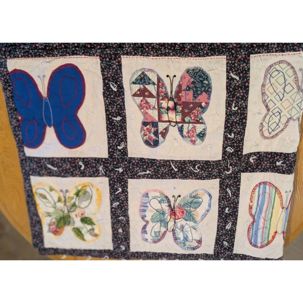 Vtg Handmade Butterfly Twin Quilt Navy Flower Back & Multicolor Hand Embroidery